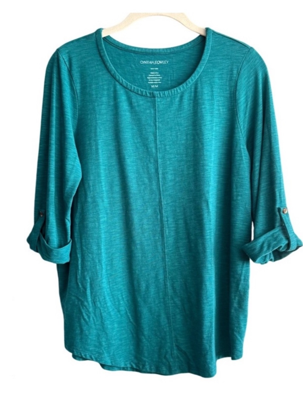 Cynthia Rowley Relaxed Fit Blouse Roll Tab Sleeve Turquoise Green Blue Size M